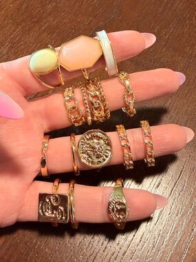 Gold Tone Multi-Stack Ring Set with Pink and Cream Accents sizes 5-9